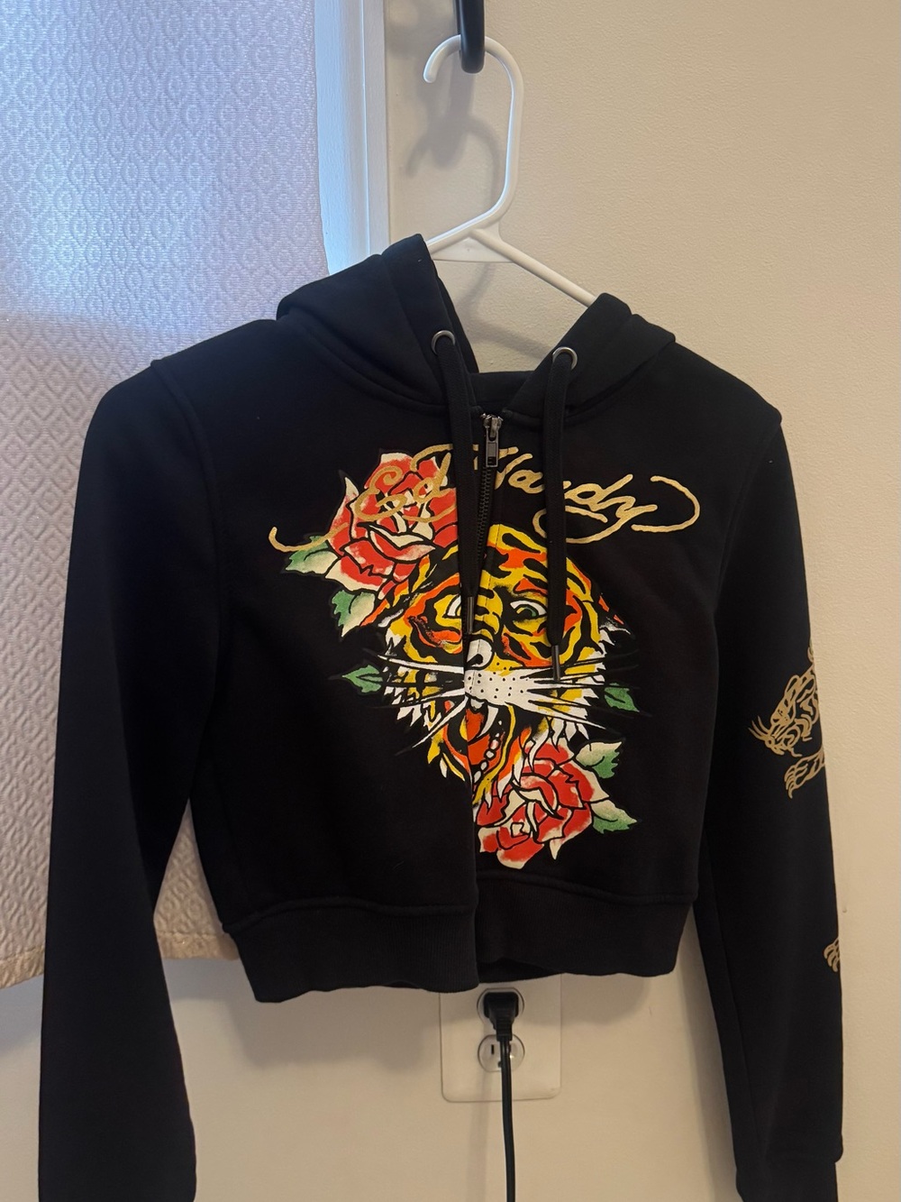 Ed Hardy Black Cropped Zip Hoodie with Tiger & Rose Motif